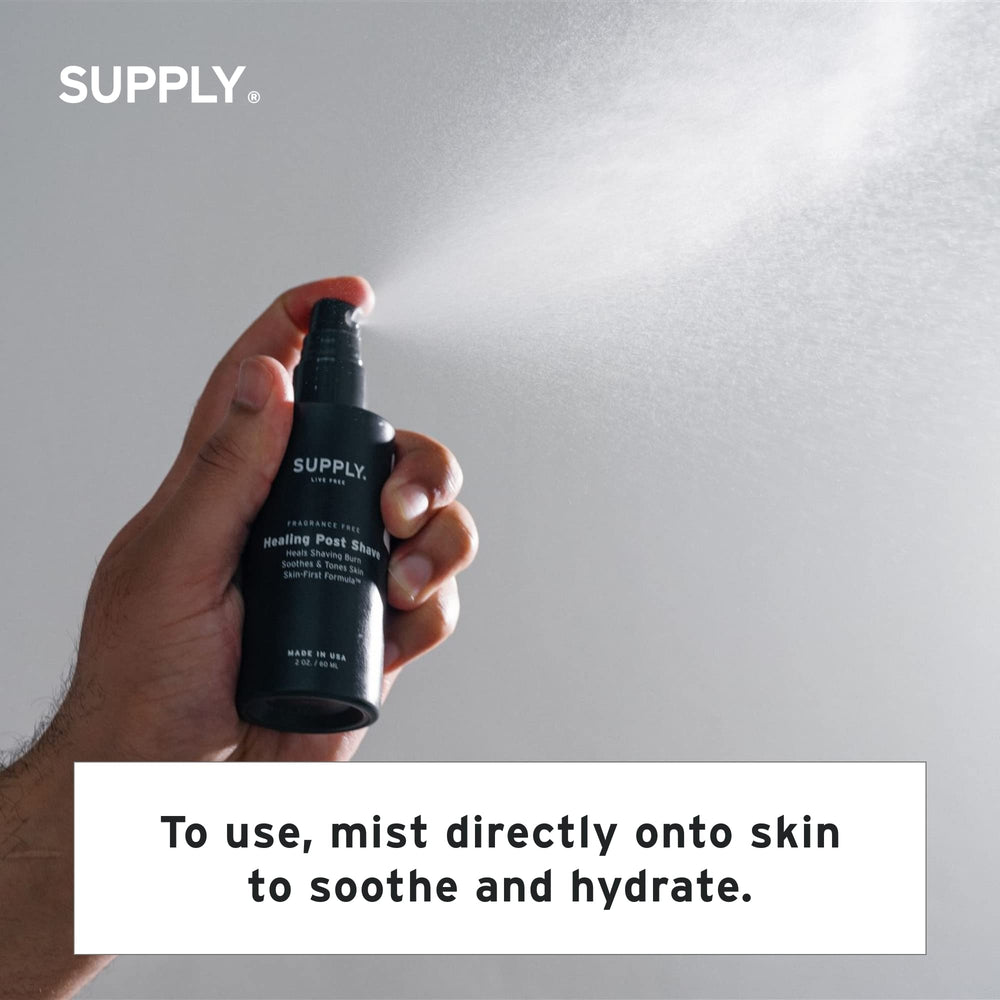 Supply Healing Post Shave spray application demonstrates quick, irritation-free post-shave care.
