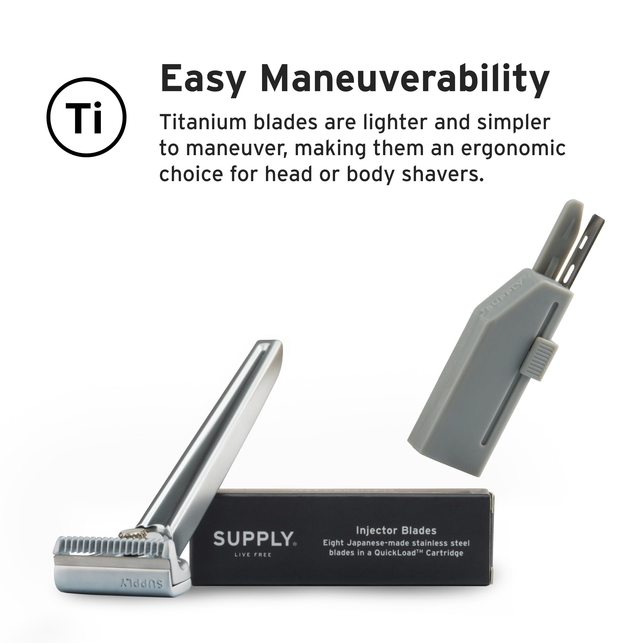 Supply Platinum razor head shown with a SUPPLY razor for precise shaving.