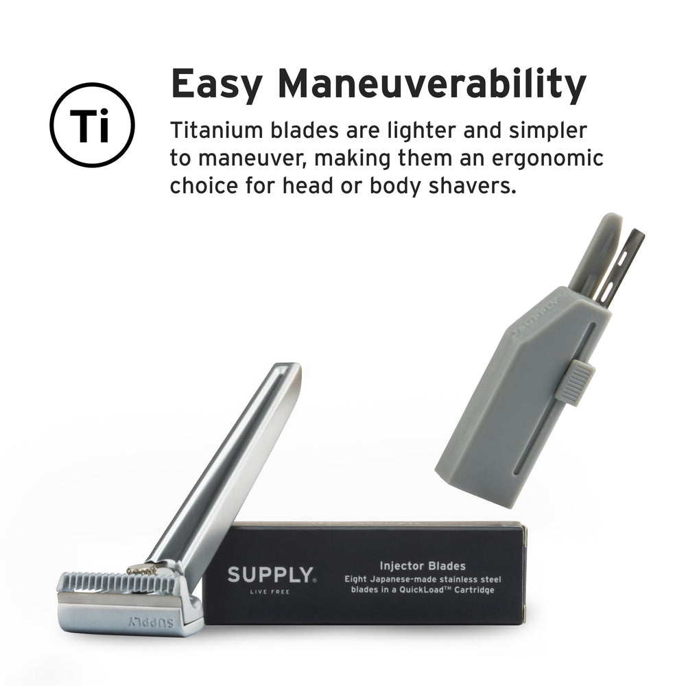 Supply Platinum razor head shown with a SUPPLY razor for precise shaving.