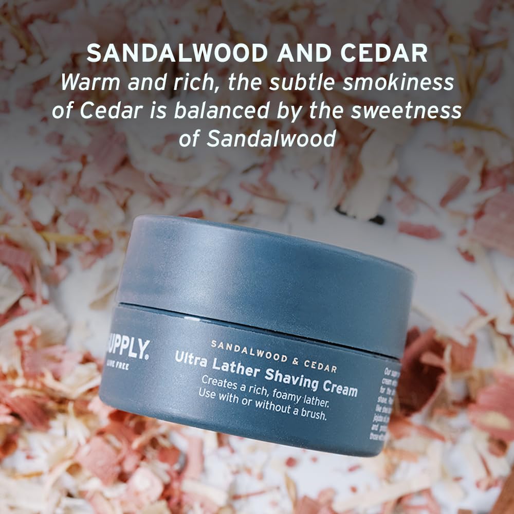 Supply sandalwood-cedar fragrance packaging emphasizes natural scent that complements cologne.