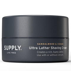 Supply Ultra Lather Shaving Cream sandalwood-cedar jar highlights soothing, irritation-free shaving prep.