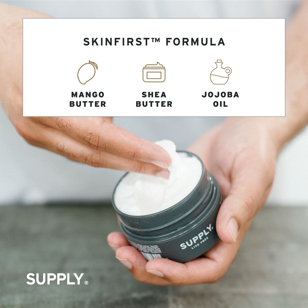 Supply Ultra Lather Shaving Cream sandalwood-cedar lather demonstrates rich, protective foam for a smooth glide.