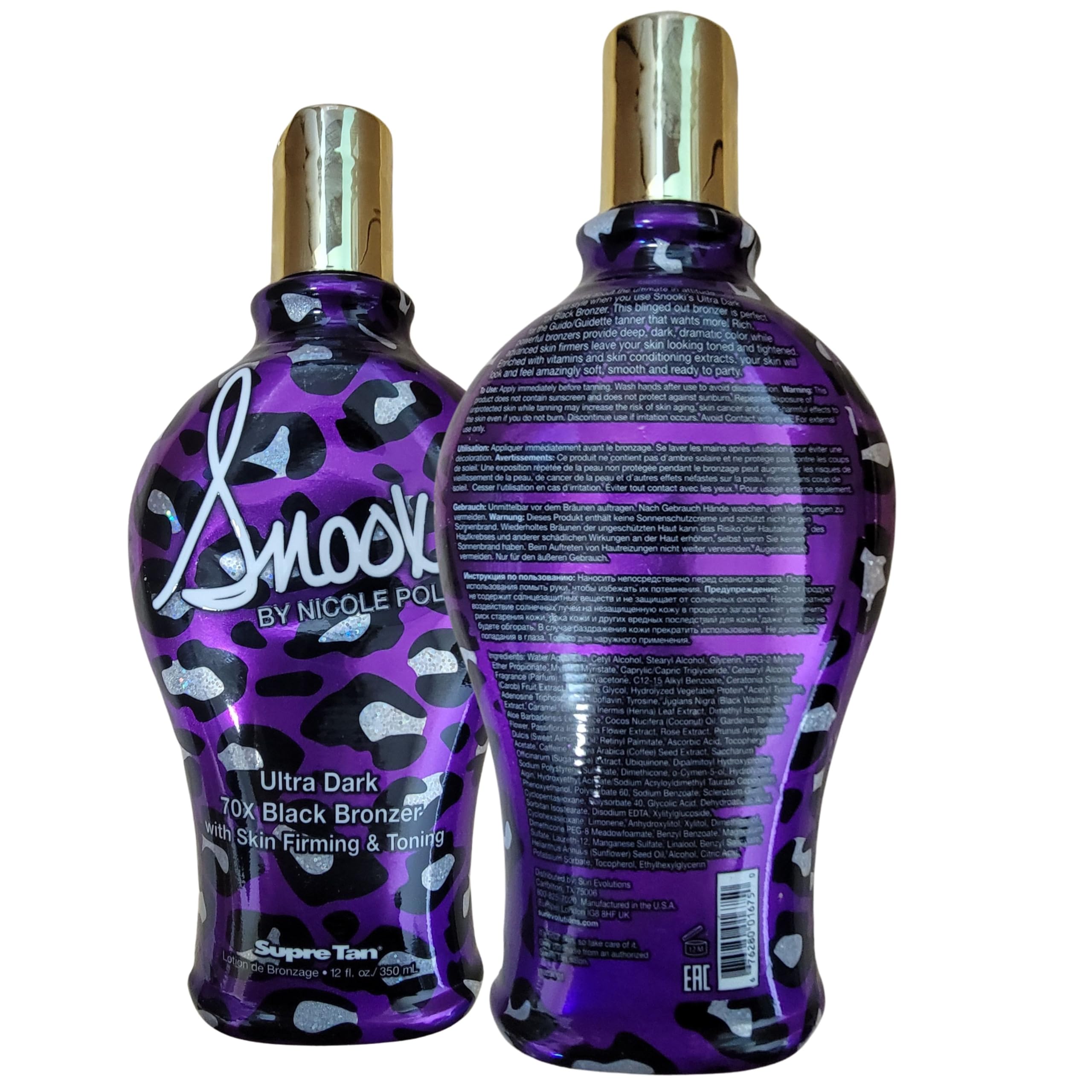 Supre Snooki Ultra Dark 70x bottle pour demonstrates easy dispensing for quick applications