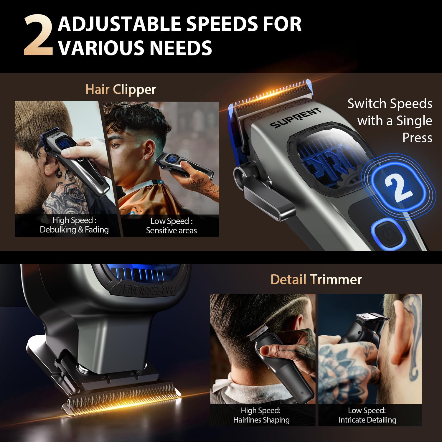 SUPRENT adjustable blade 0.5–3.5 mm with 5 levels for precise fades.