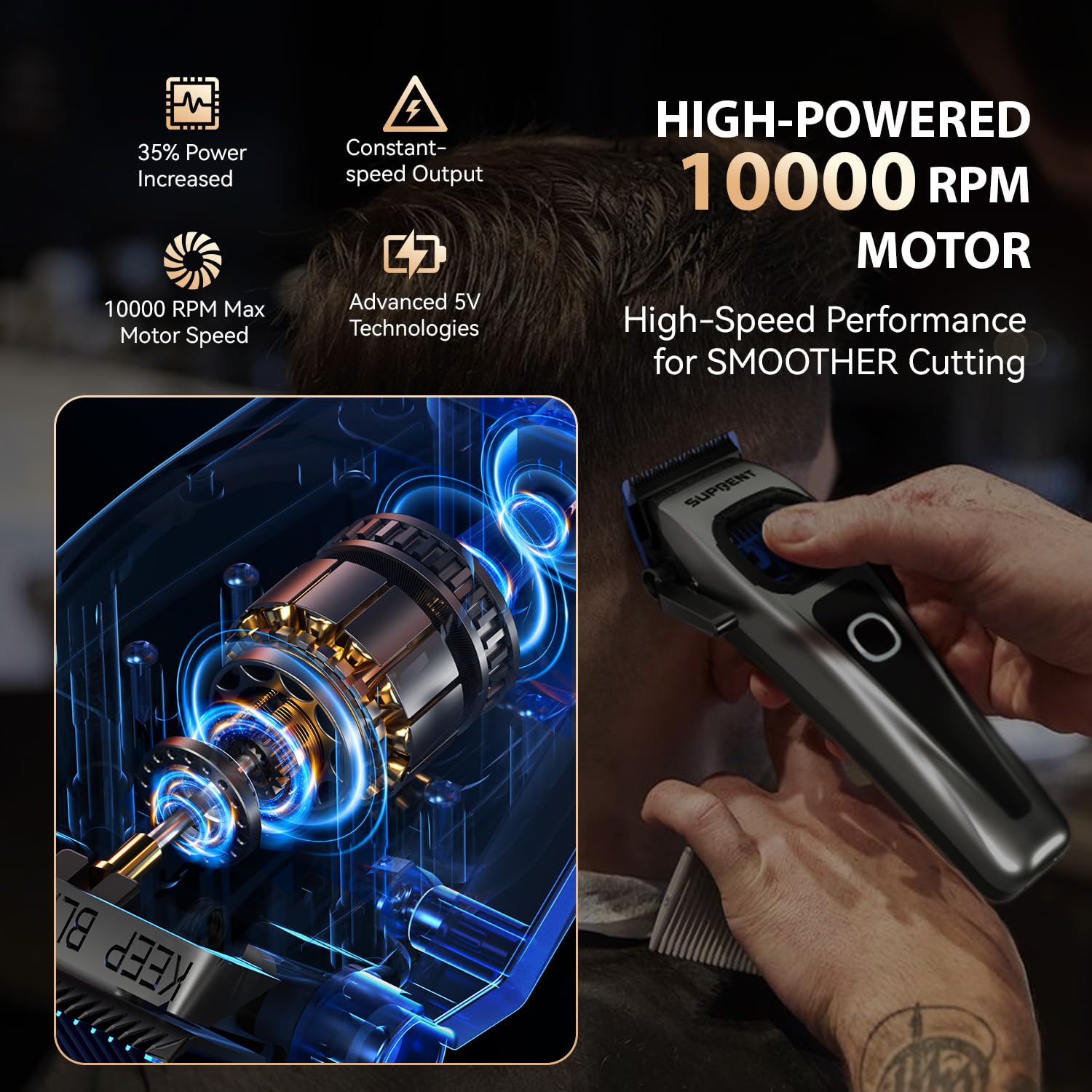 SUPRENT cordless barber clippers with charging stand for uninterrupted sessions.