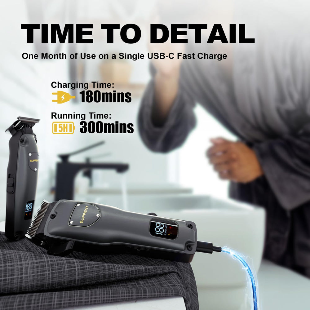 SUPRENT cordless clipper with USB-C charging enables on the go grooming.