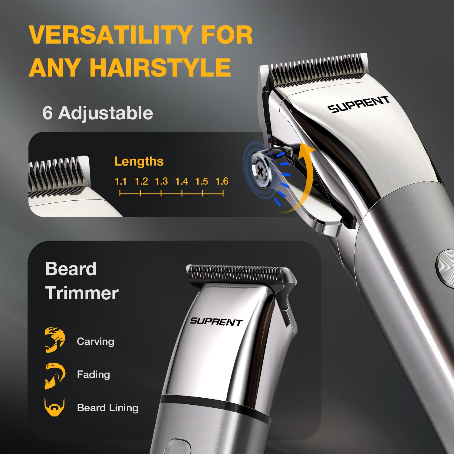 SUPRENT cordless clippers with LED display closeup highlighting battery awareness