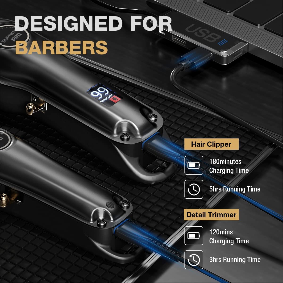 SUPRENT PRO cordless barber clippers with metal body grip for secure handling
