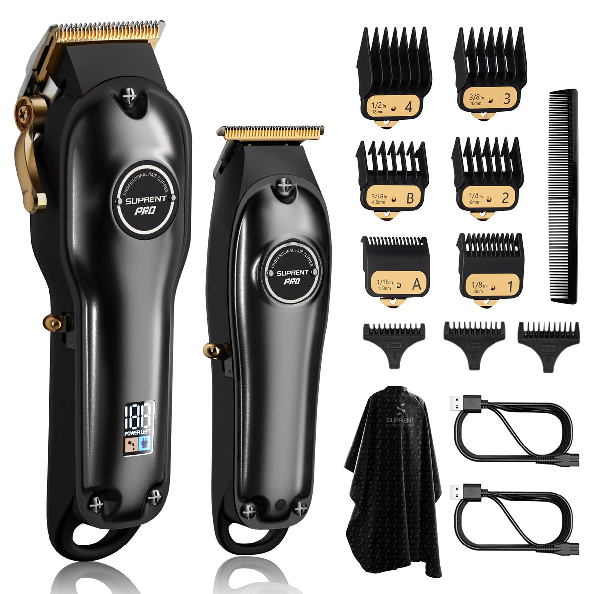 SUPRENT PRO hair clippers with LED display showing battery status for all-day cordless operation
