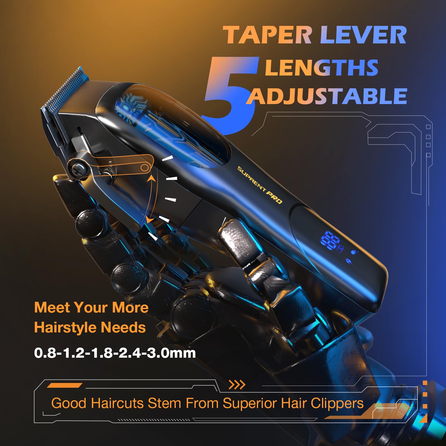 SUPRENT PRO fade-ready taper blade with guide combs demonstrates precise fade styling