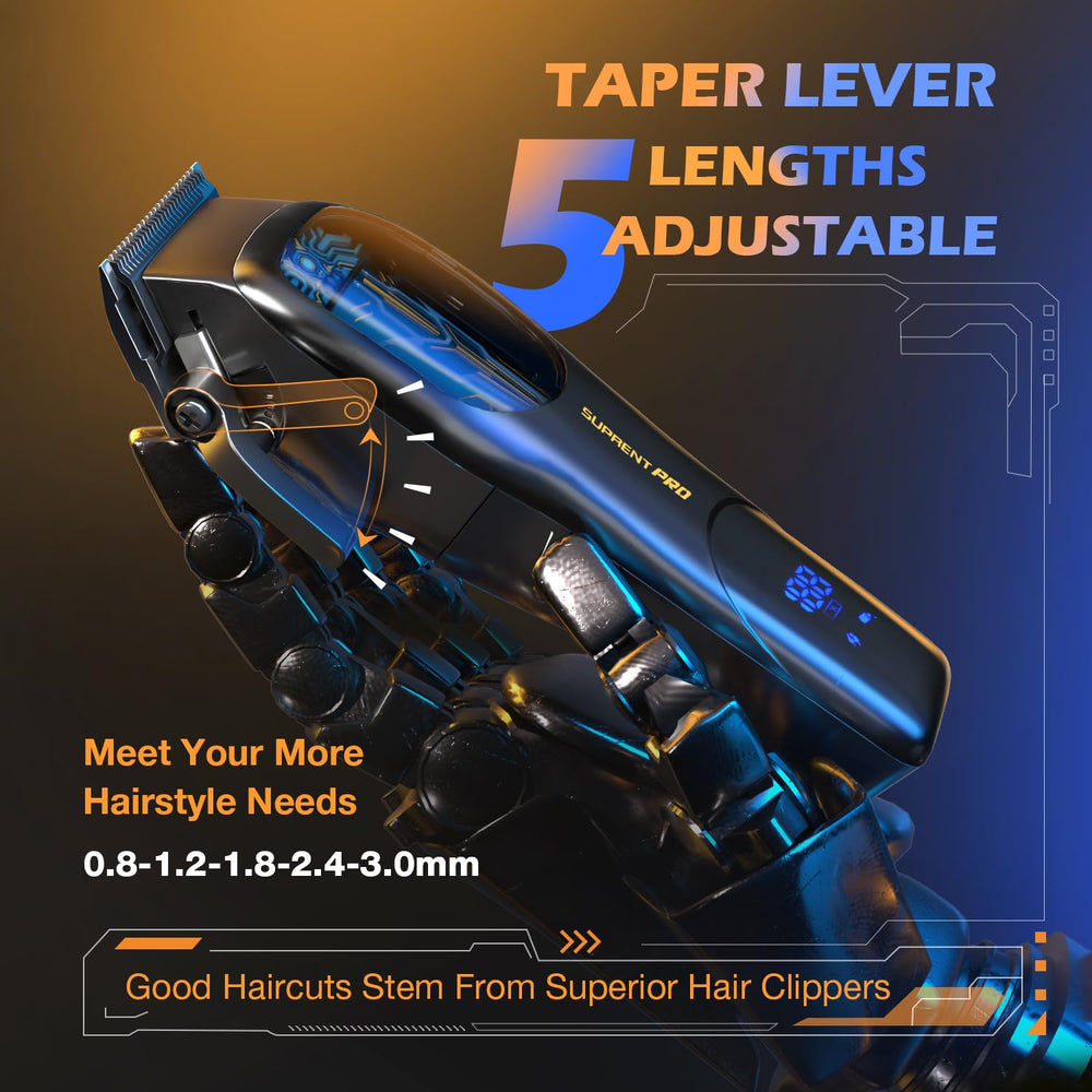 SUPRENT PRO fade-ready taper blade with guide combs demonstrates precise fade styling