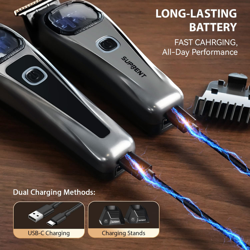 SUPRENT six magnetic combs snap on quickly for smooth fades.