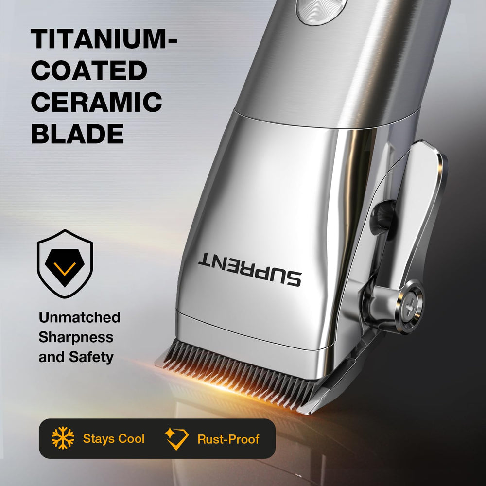 SUPRENT titanium-coated ceramic blades closeup for smooth glide across hair types