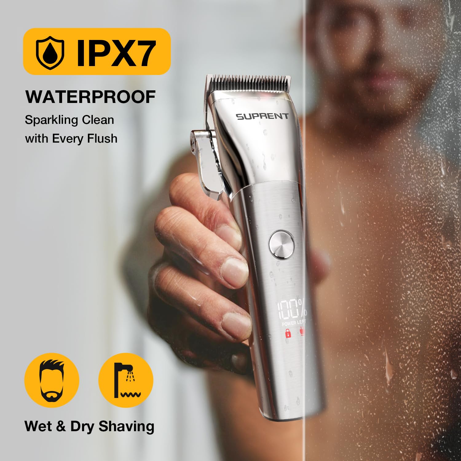 SUPRENT IPX7 waterproof body closeup for wet and dry use