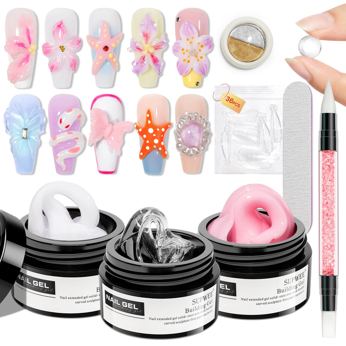 SUPWEE solid builder gel clear for 3D nail art and home extensions.