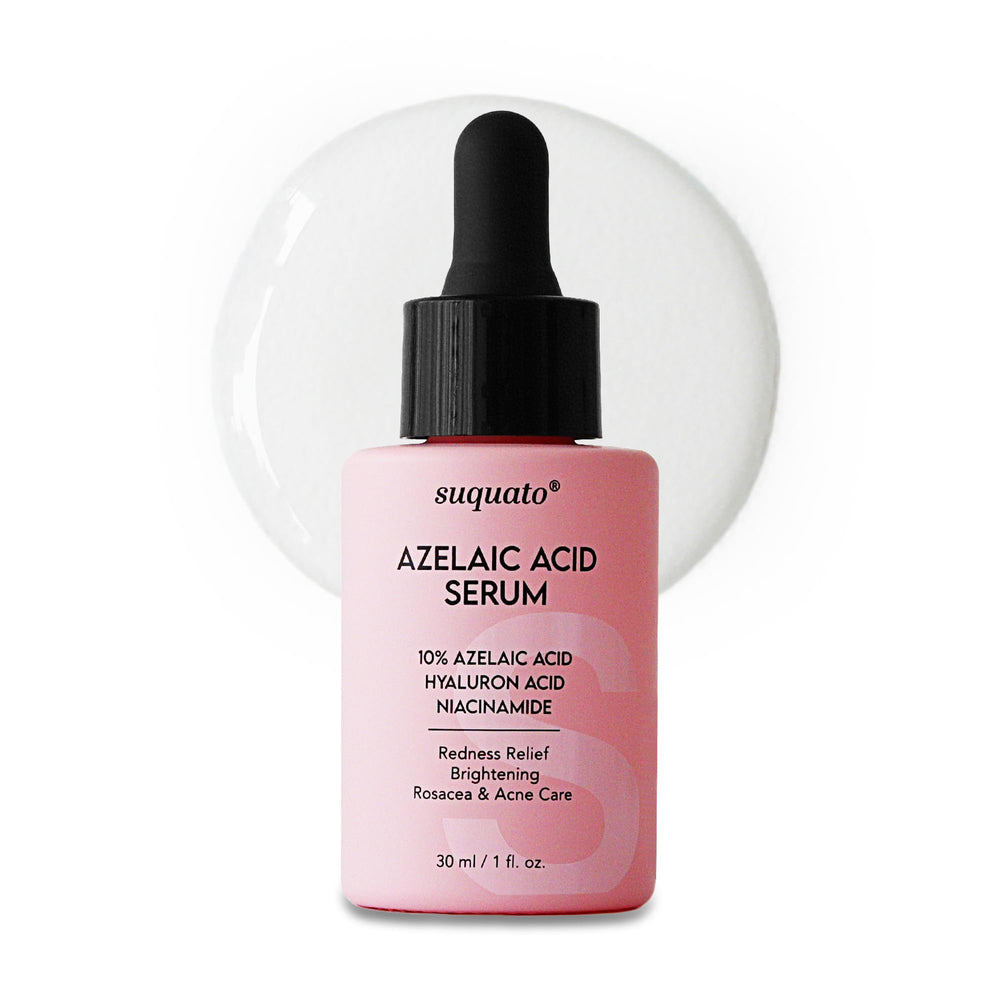 Suquato 10% azelaic acid serum bottle highlights rosacea-prone skin-friendly packaging.