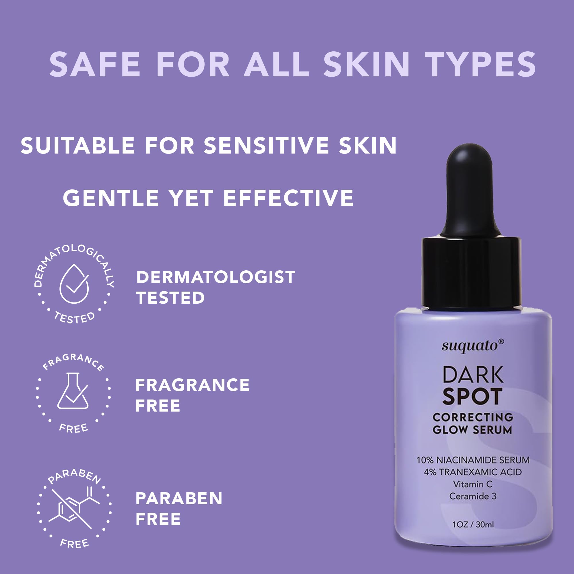 Suquato cruelty free dermatologist tested label shown on packaging