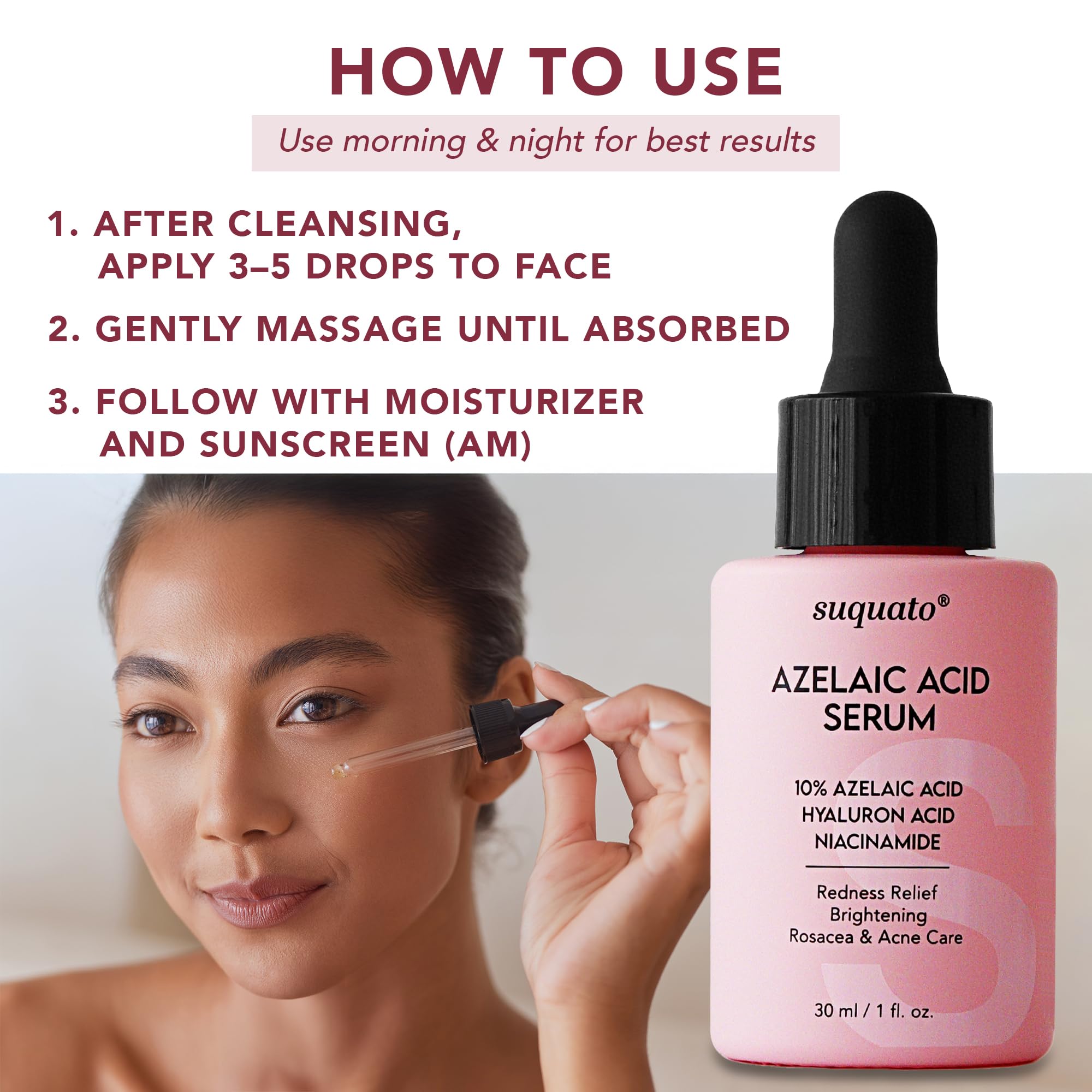 Suquato rosacea-friendly skin application demonstrates calming routine for redness-prone mornings.