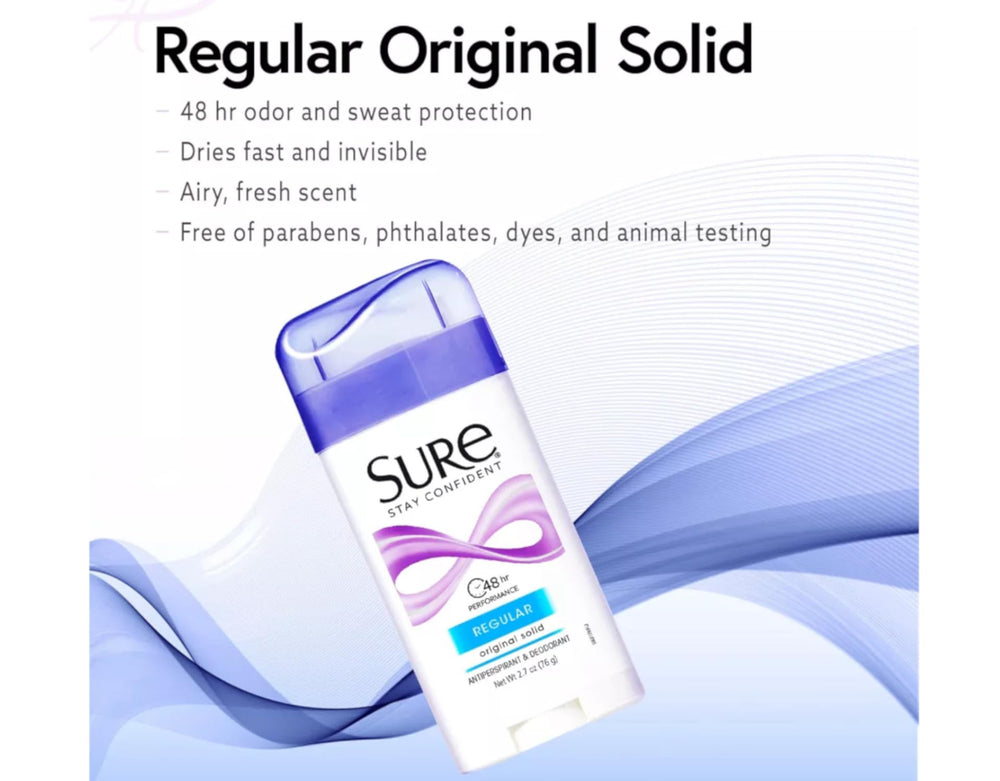 Sure antiperspirant solid regular stick angled for easy glide, daily protection.