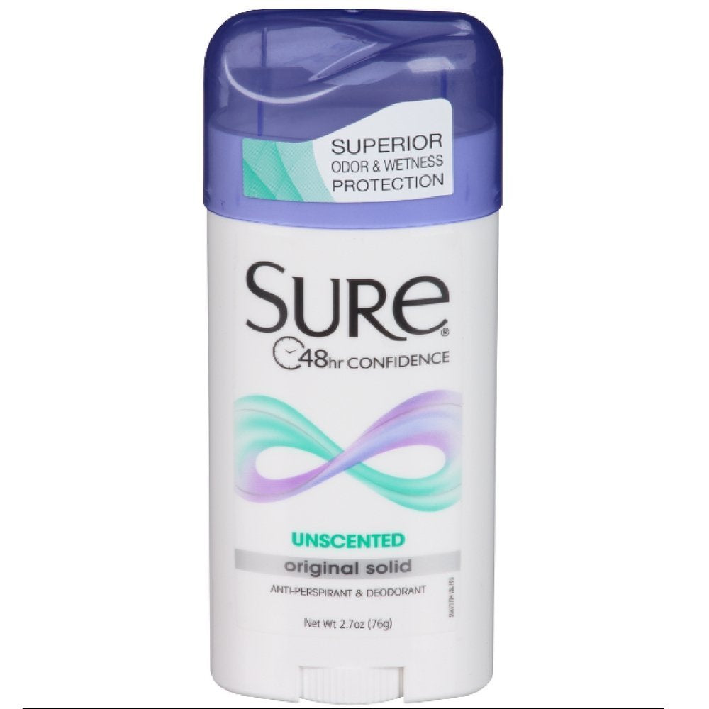 Sure Original Solid Unscented Deodorant 12-pack offers all-day protection with a fragrance-free, long-lasting formula.