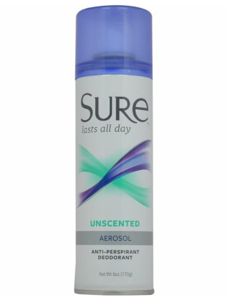 Sure Unscented Aerosol Deodorant bottle demonstrates long-lasting protection for all-day freshness.