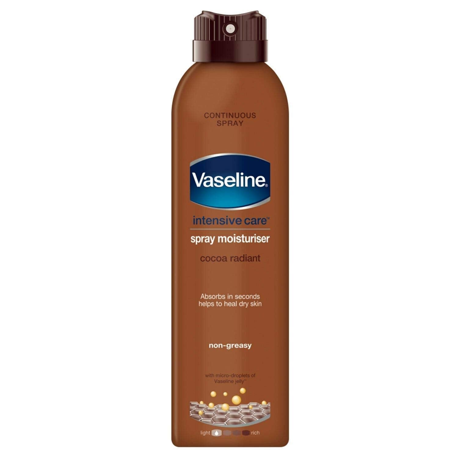 Sure Vaseline spray bottle action demonstrates quick, non-greasy moisturising for busy mornings.