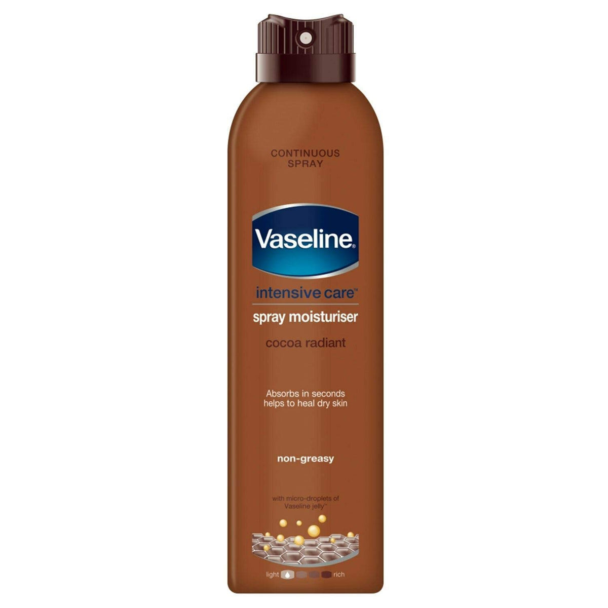 Sure Vaseline spray bottle action demonstrates quick, non-greasy moisturising for busy mornings.