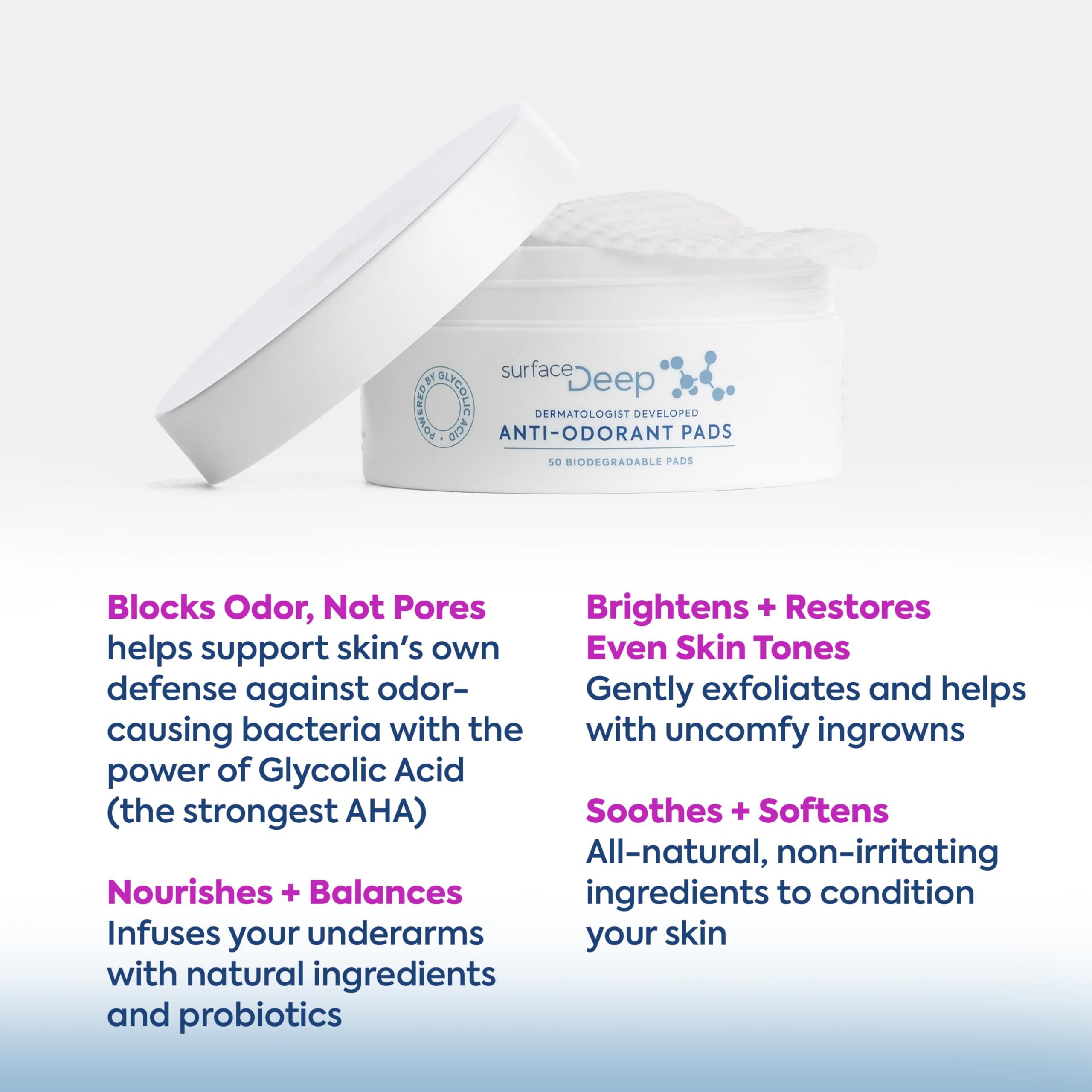 Surface Deep Anti-Odorant Pads packaging shot emphasizes aluminum-free, vegan credentials.