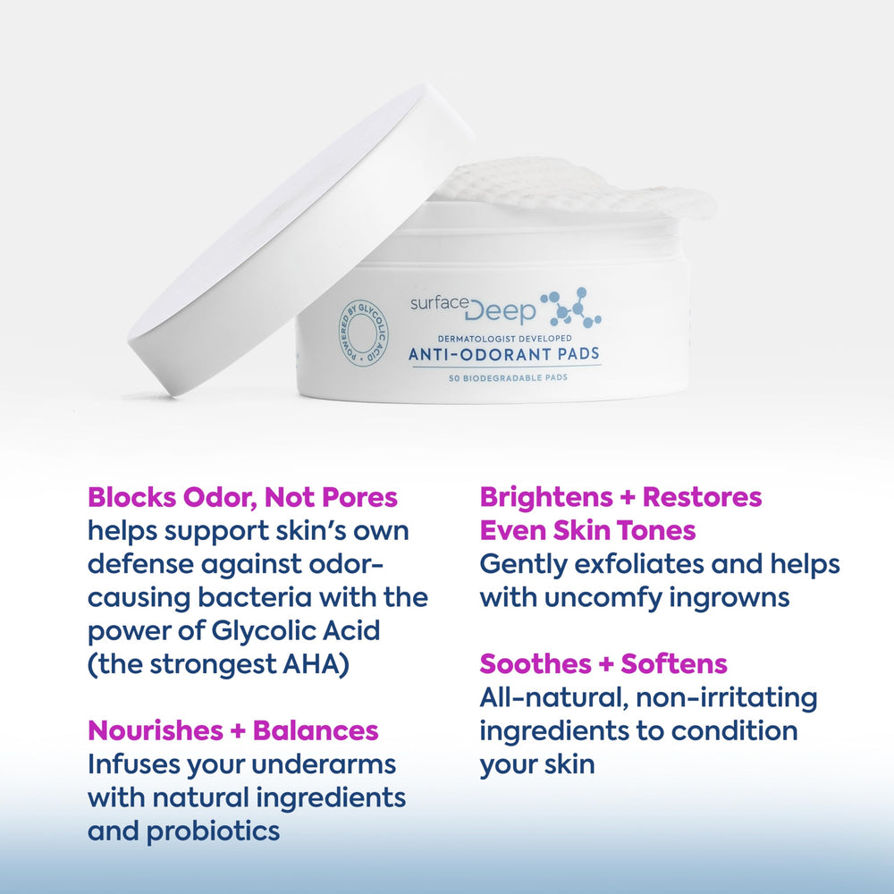 Surface Deep Anti-Odorant Pads packaging shot emphasizes aluminum-free, vegan credentials.
