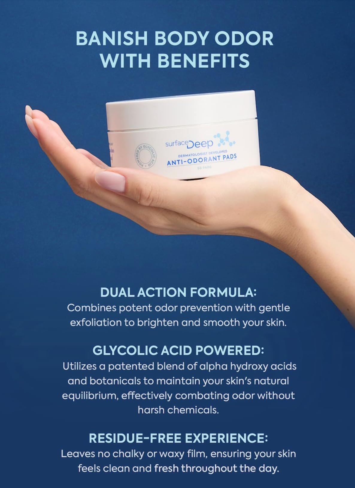 Surface Deep Anti-Odorant Pads pad out of jar demonstrates single-use odor-prevention wipe.