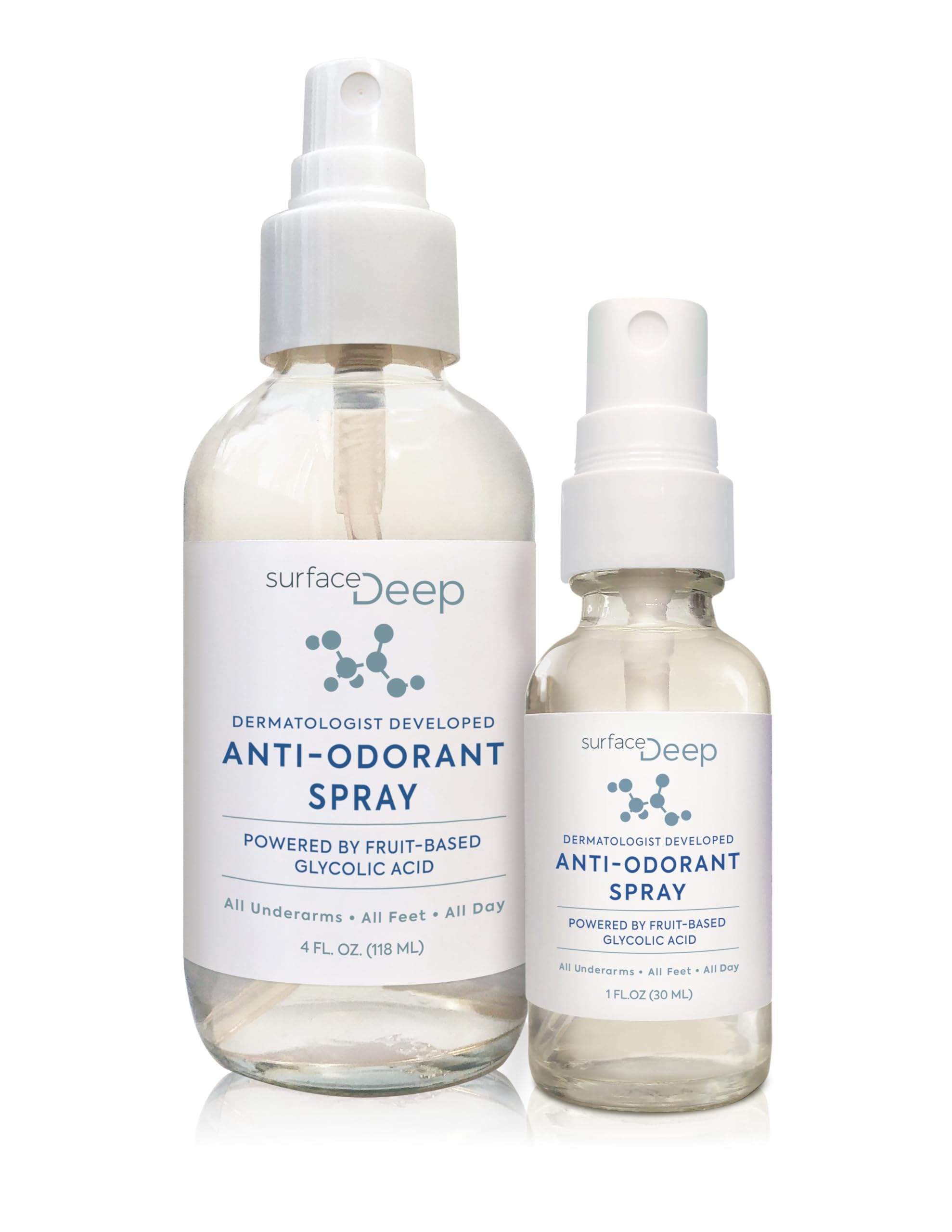 Surface Deep deodorant bottle closeup showing aluminum-free formula for odor prevention.