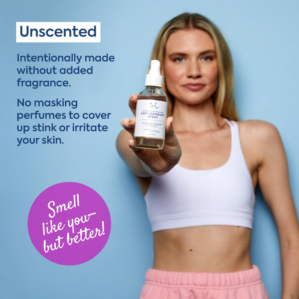 Surface Deep underarm spray action demonstrates quick-drying odor protection for daily wear.