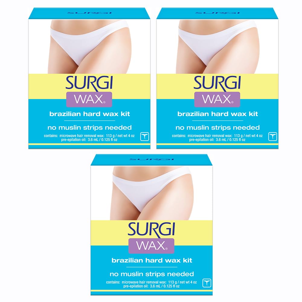 Surgiwax packaging shows Brazilian hard wax kit ready for easy at-home waxing