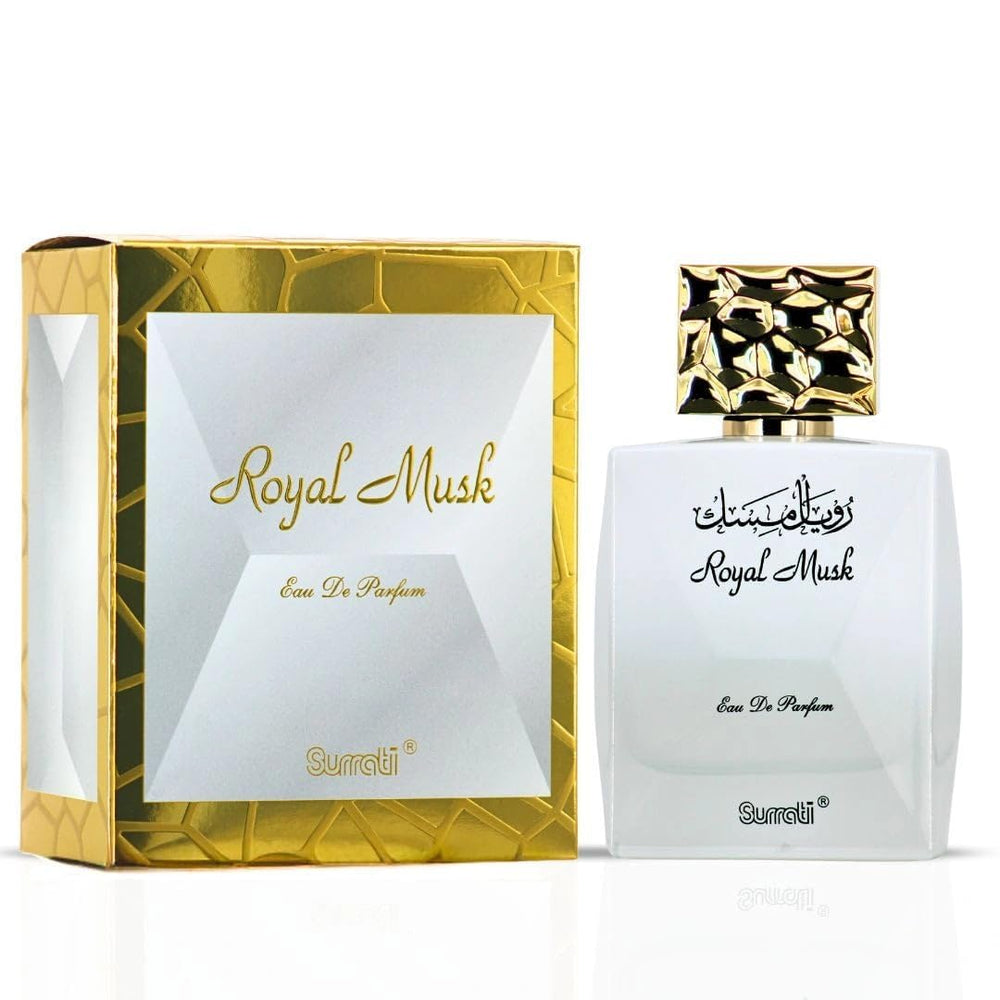 Surrati Royal Musk EDP bottle front showing elegant glass design for everyday luxury.