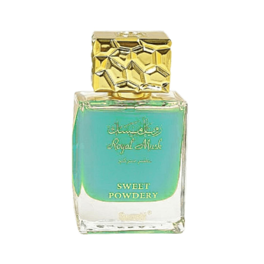 Surrati Royal Musk Sweet Powdery EDP being applied, suggesting long-lasting scent and versatile layering options.
