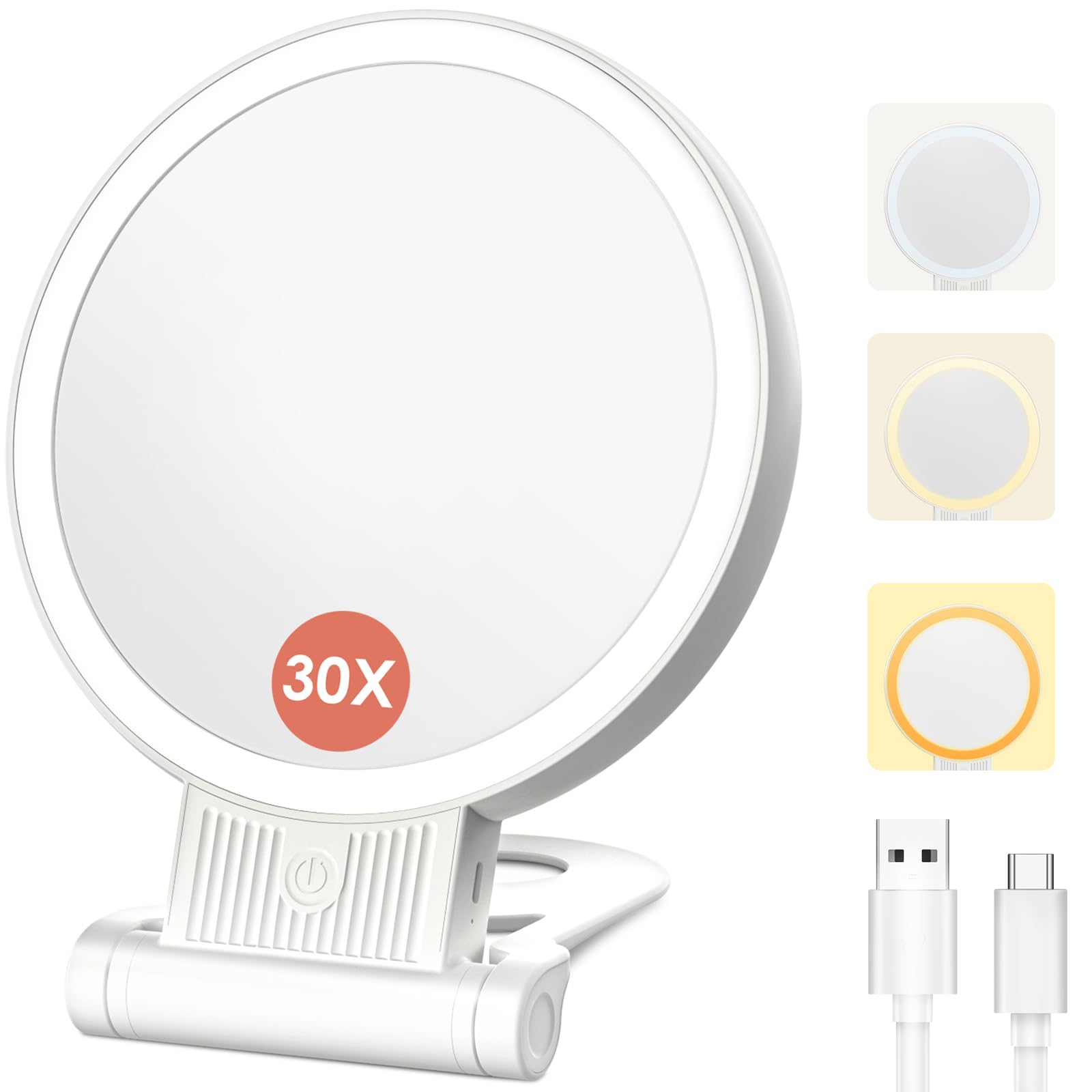 SurSynch 1X/30X magnifying mirror with light showing 360° rotation for precise makeup