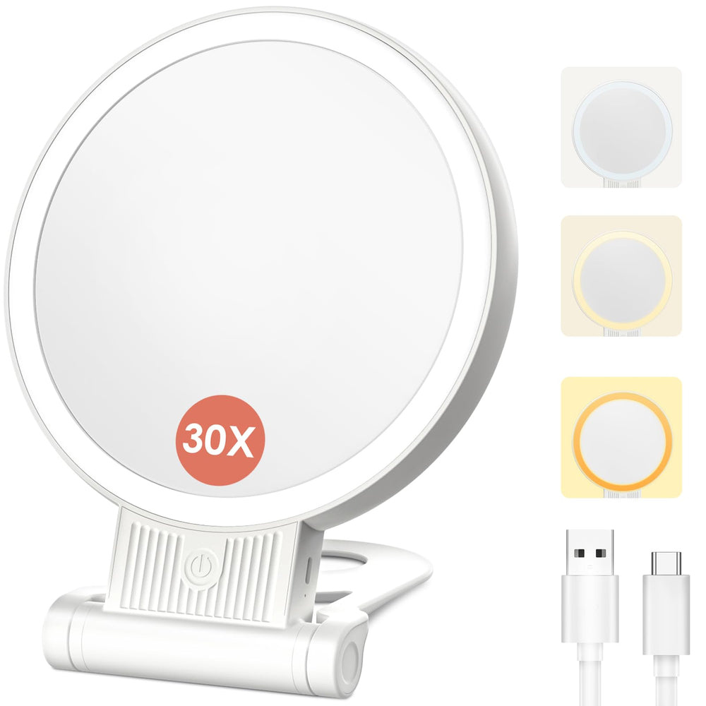 SurSynch 1X/30X magnifying mirror with light showing 360° rotation for precise makeup