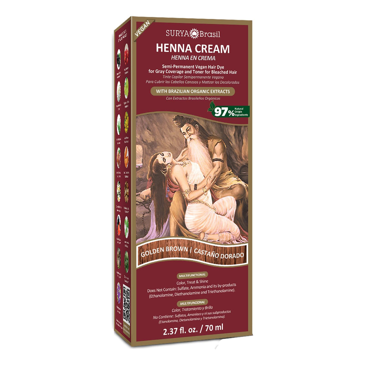 Surya Brasil Henna Cream box with vegan, cruelty-free branding for natural color option.