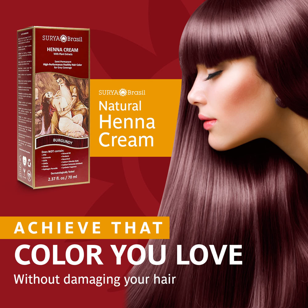 Surya Brasil Henna Cream Burgundy application image—easy at-home color application.