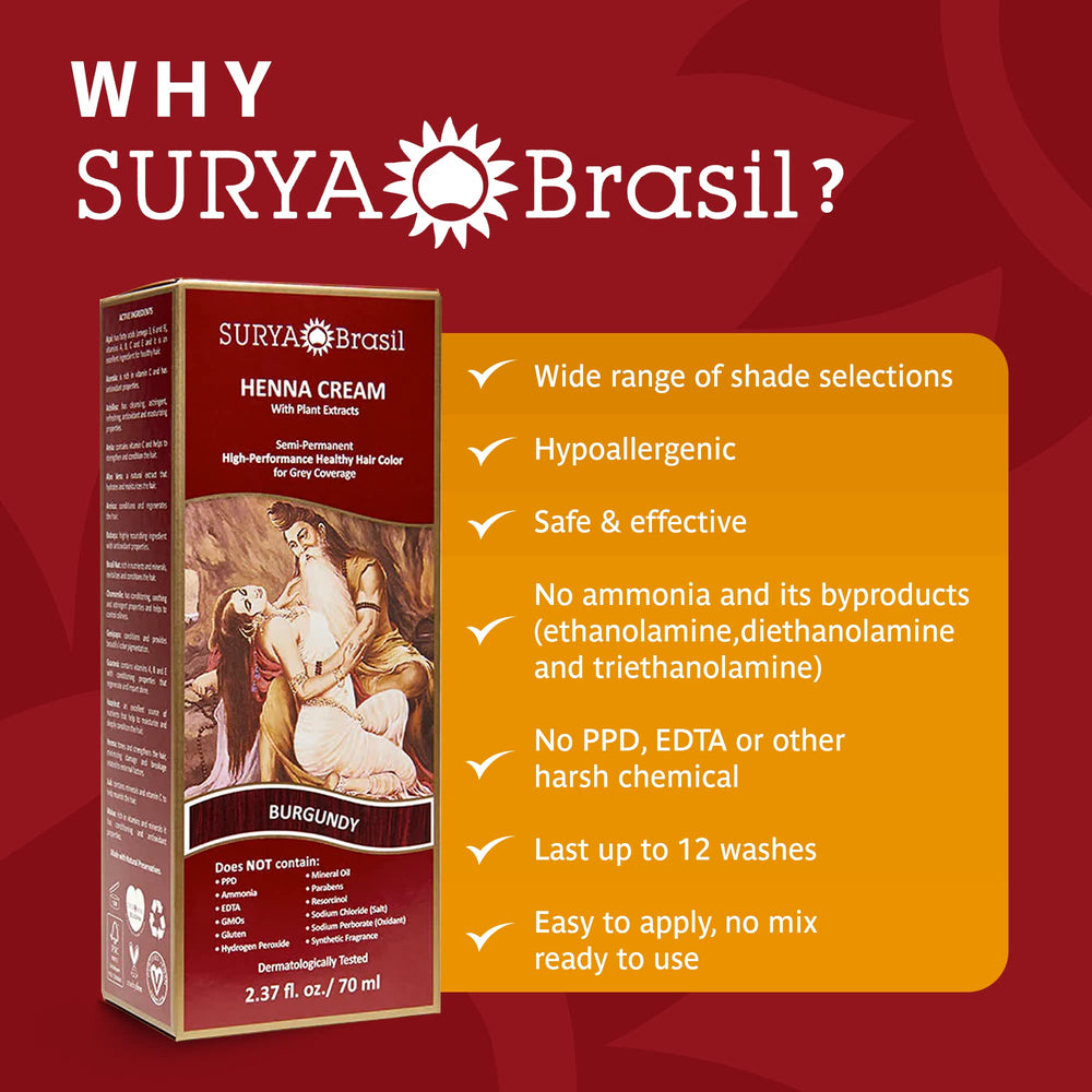 Surya Brasil Henna Cream Burgundy dermatologically tested—gentle on sensitive scalps.