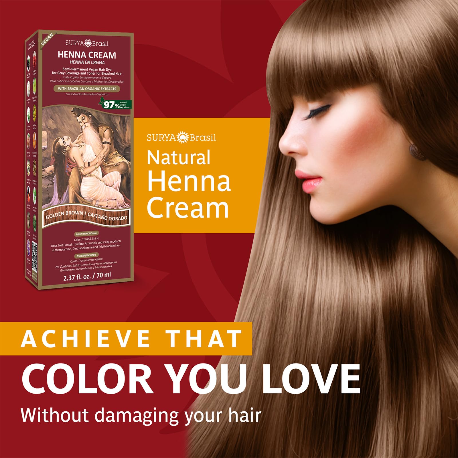 Surya Brasil Henna Cream close-up of natural-ingredient formula highlighting conditioning properties.