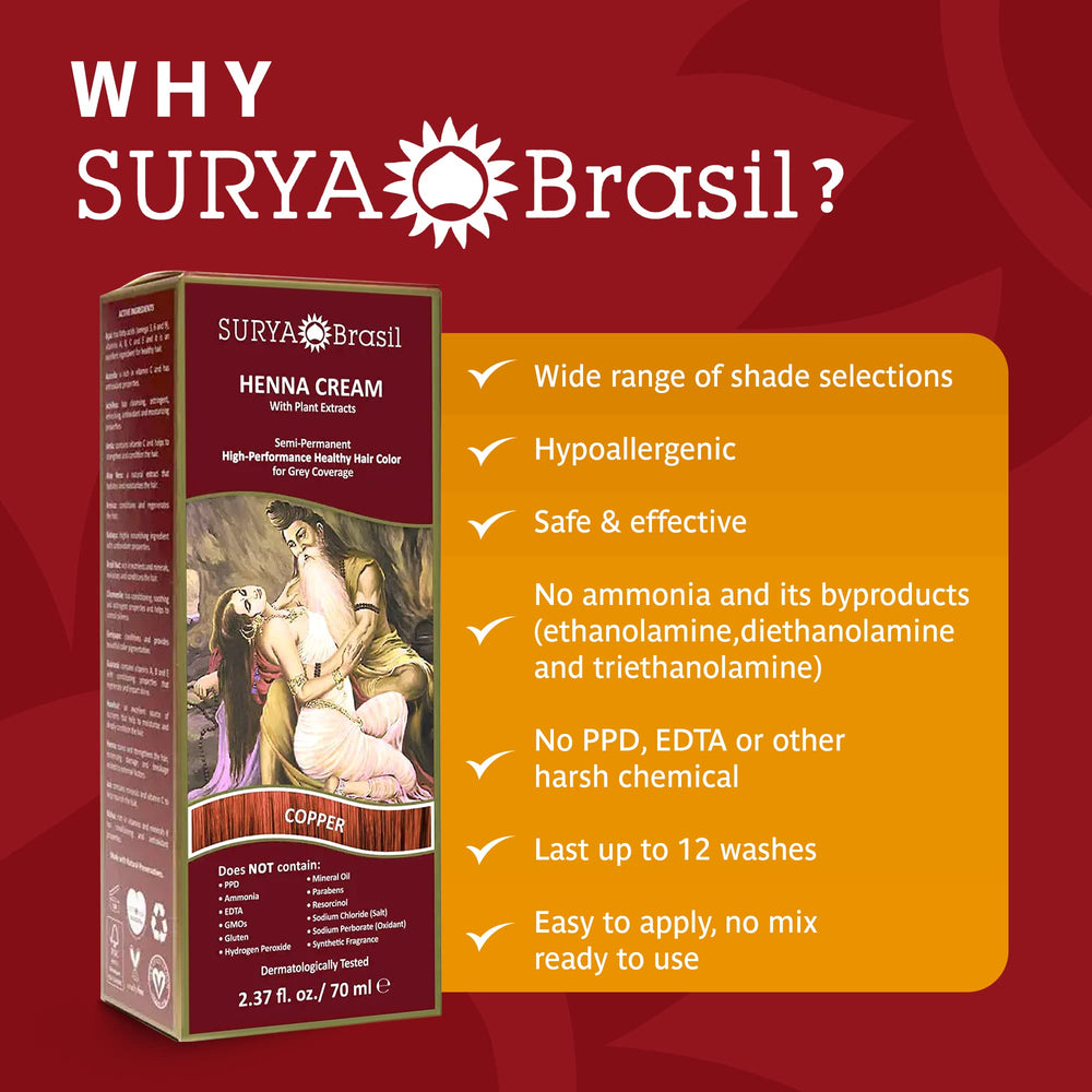 Surya Brasil Henna Cream Treatment copper color swatches representing vibrant shade
