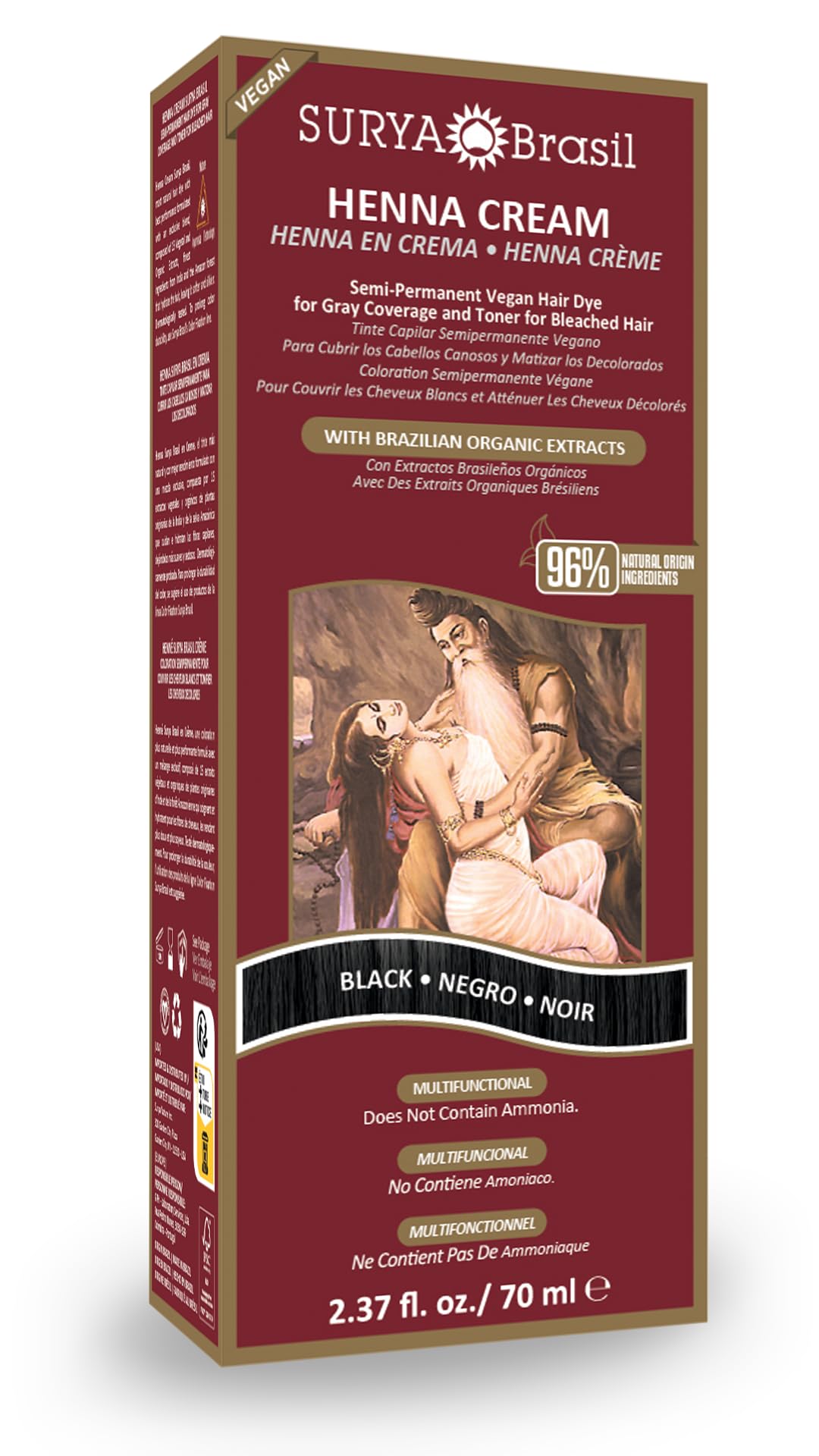 Surya Brasil Henna Cream packaging in black for natural color at home.