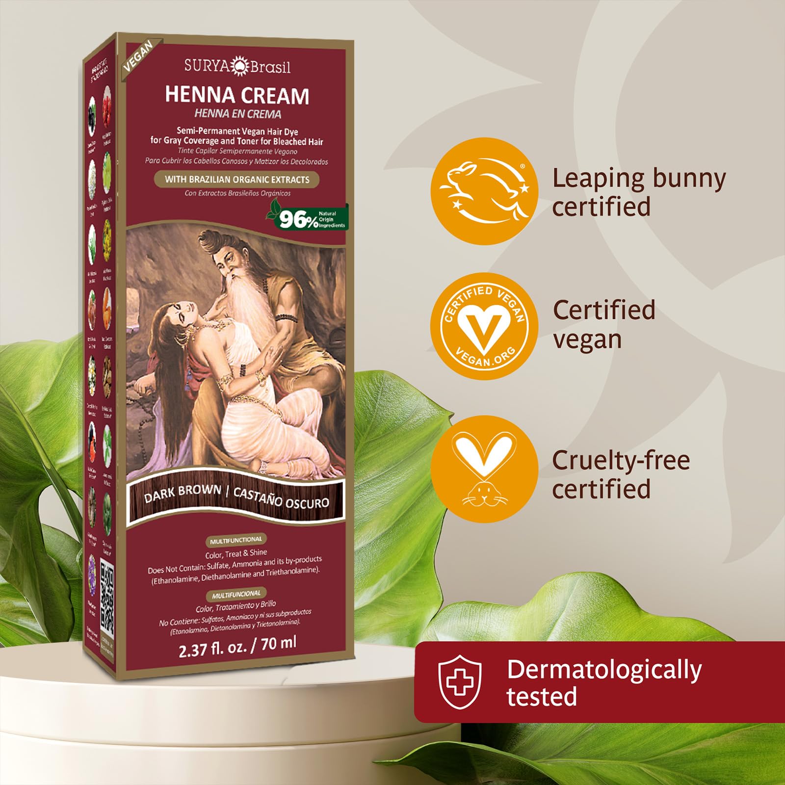 Surya Brasil Henna Dark Brown Cream cap preserves formula for even, lasting color.