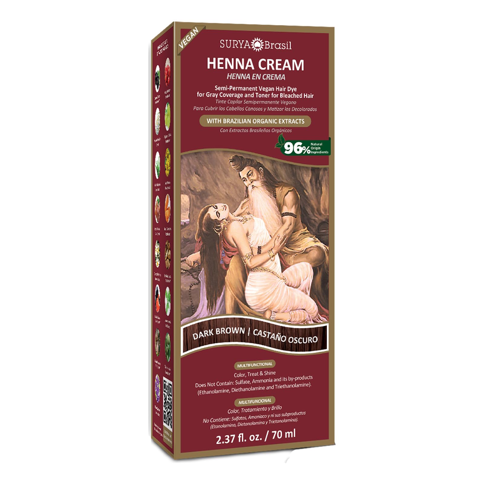 Surya Brasil Henna Dark Brown Cream packaging highlights natural, non-toxic hair color.