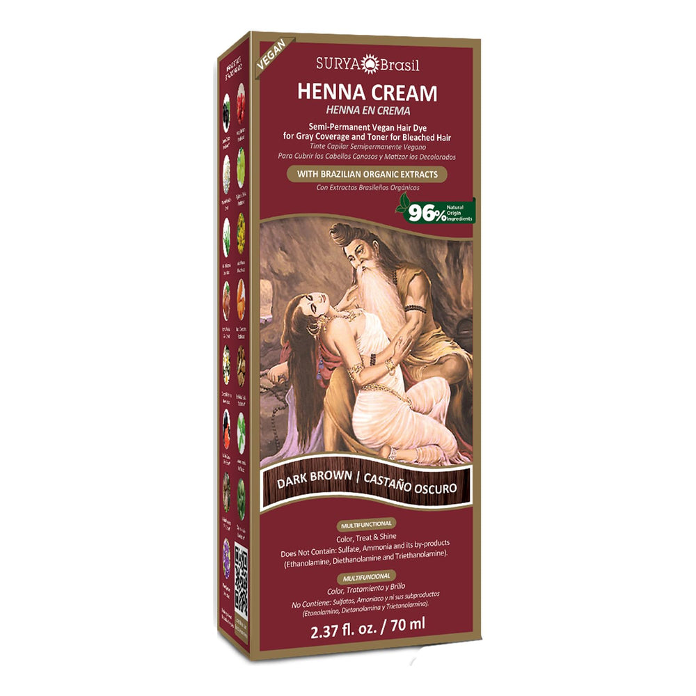 Surya Brasil Henna Dark Brown Cream packaging highlights natural, non-toxic hair color.