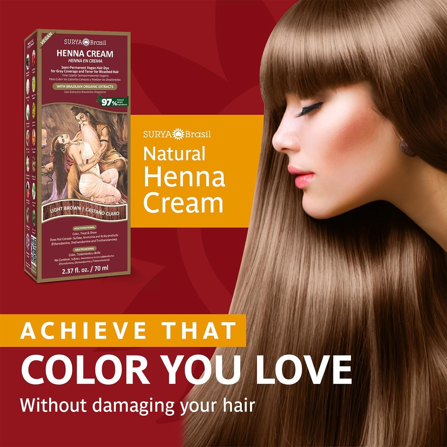 Surya Brasil Henna marrón claro crema, resultados naturales según la base capilar.