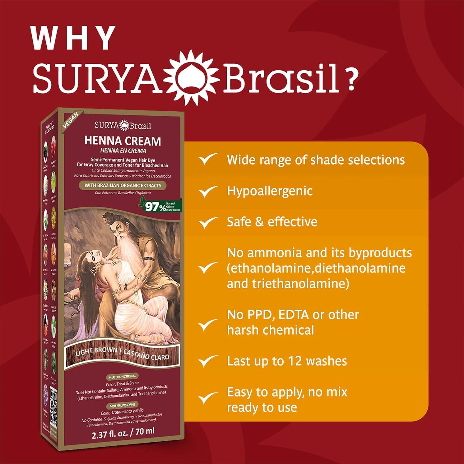 Surya Brasil Henna marrón claro crema, textura cremosa para cobertura uniforme.