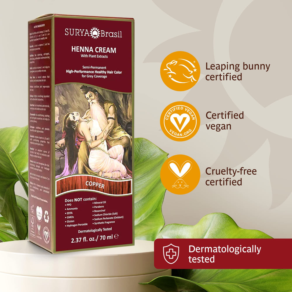 Surya Brasil Henna Cream Copper application hands demonstrate smooth, controlled color coating.