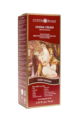 Surya Dark Brown Henna Cream pack shows natural color with conditioning benefits for all hair types.